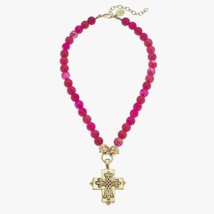 Susan Shaw NWT Genuine Pink Peacock Agate necklace with Gold Cross
